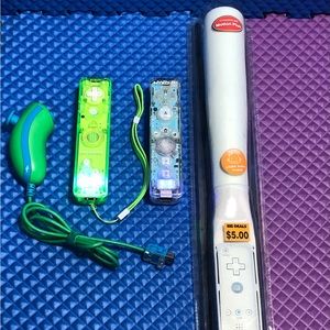 Wii controllers, Chuck, and baseball bat accessory
